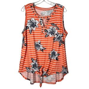 New York Laundry Orange Striped Floral Cutout Neckline Sleeveless Top Plus Size